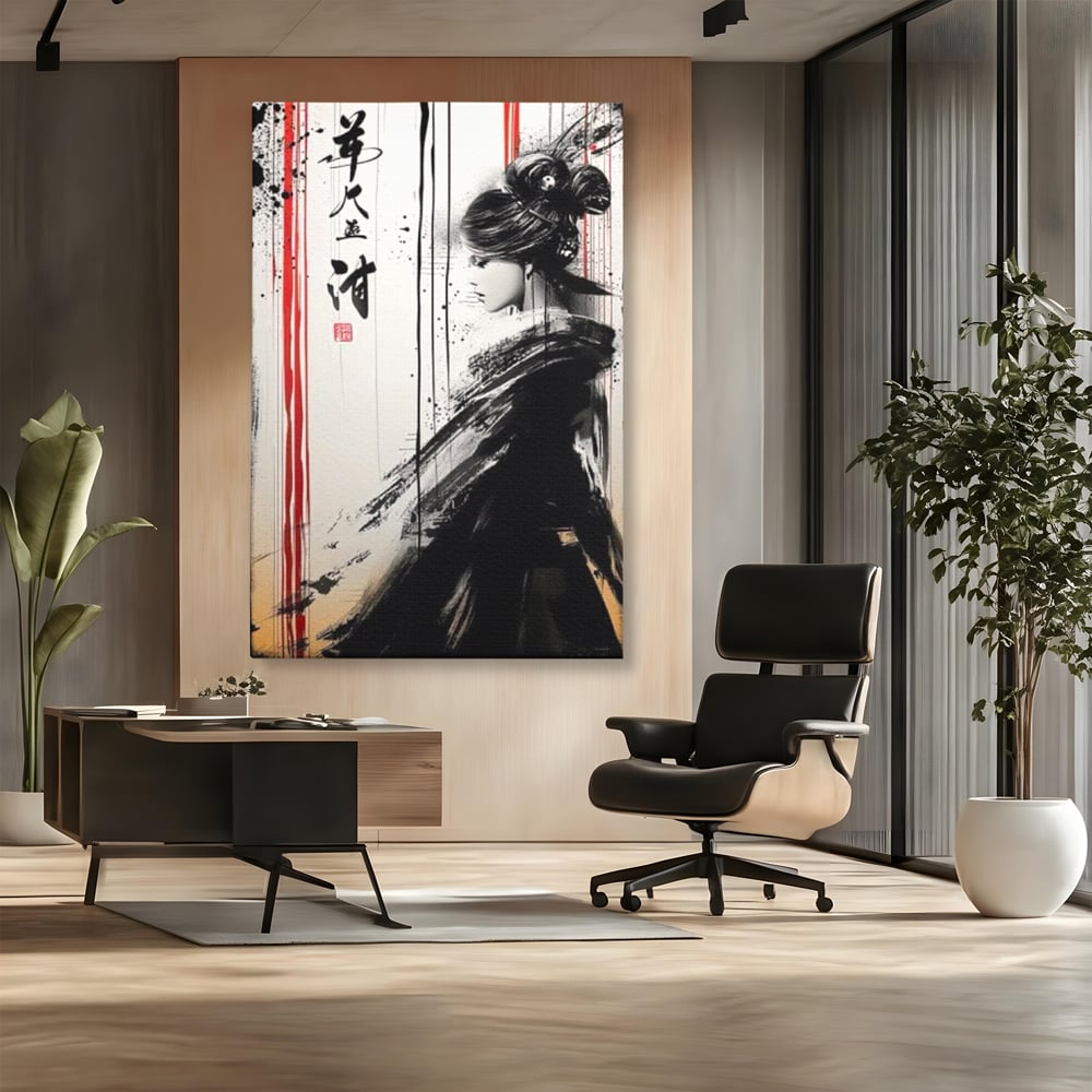 Tablou canvas cu tablou vertical cu gheisa in tus, fara rama, pe sasiu de lemn, pe perete intr-un birou